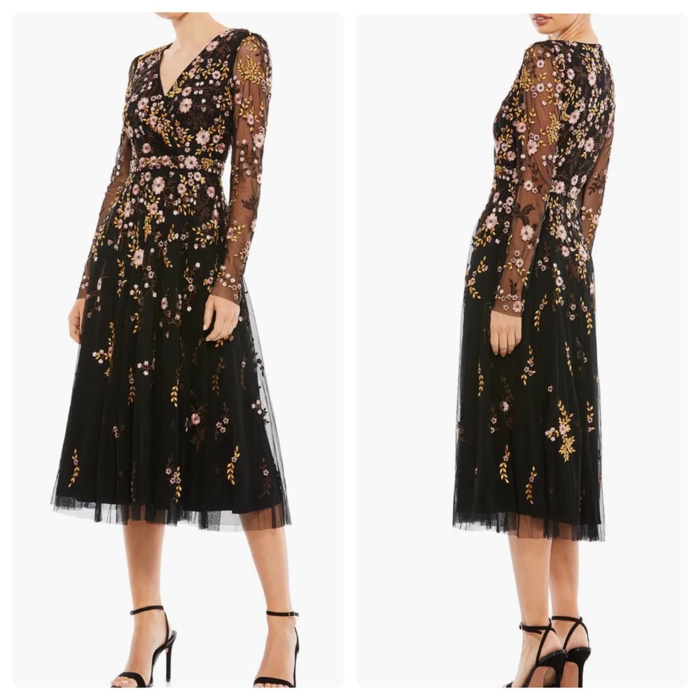 Mac Duggal Floral Embroidered A-Line Cocktail Dress Black Size 8 NWT